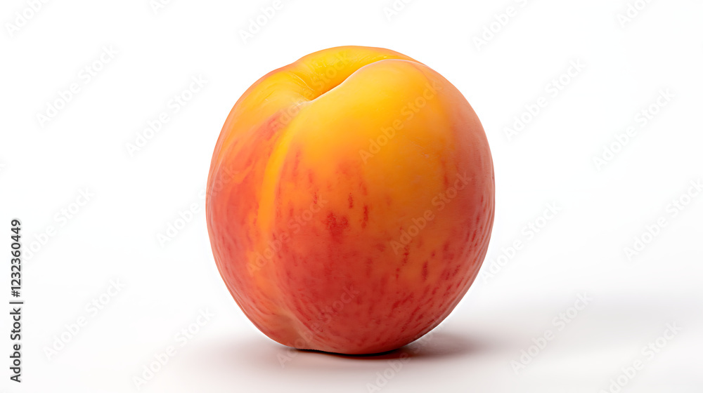 A single peach is sitting on a white background A single peach is sitting on a white background