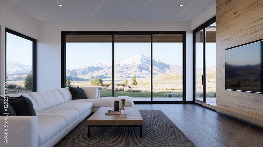 Fototapeta premium Virtual tours are transforming real estate experiences. Modern living room with panoramic mountain view and sleek furnishings.