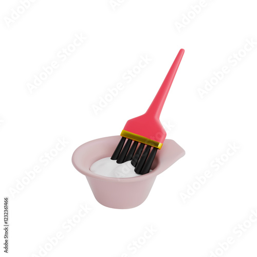 Render pink brush, dye and beige bowl. Preparation for hair coloring. Vector 3d illustration on isolated white background