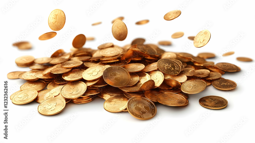 Pile of shiny gold coins falling and stacked together on a white background, creating visual interest. Pile of shiny gold coins falling and stacked together on a white background, creating visual interest.