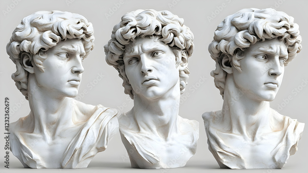 Obraz premium Three Marble Busts Exhibiting Subtle Variations in Expression and Gaze on a Neutral Background