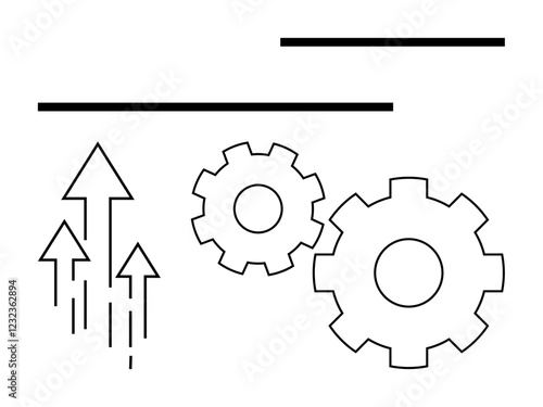 Two gears accompanied by upward-pointing arrows and horizontal lines. Ideal for concepts of business development, technological innovation, process improvement, industry, forward motion, efficiency