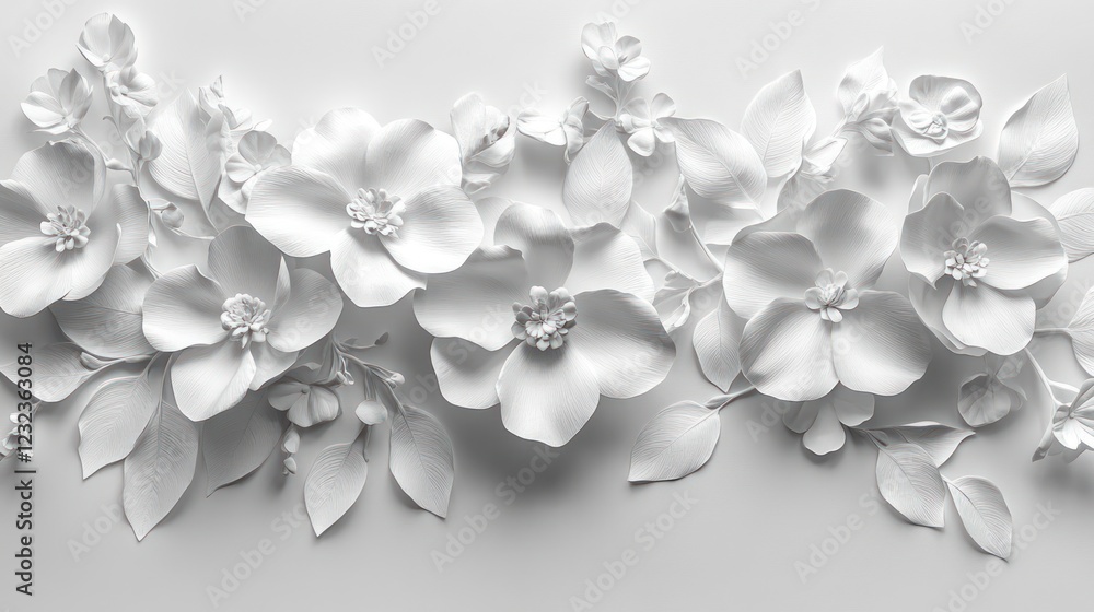 A panoramic white paper texture with a floral pattern, creating a soft and inviting wall background A panoramic white paper texture with a floral pattern, creating a soft and inviting wall background