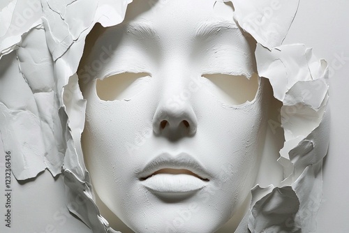 White plaster face mask, art, studio shot, textured background, for beauty or concept photo