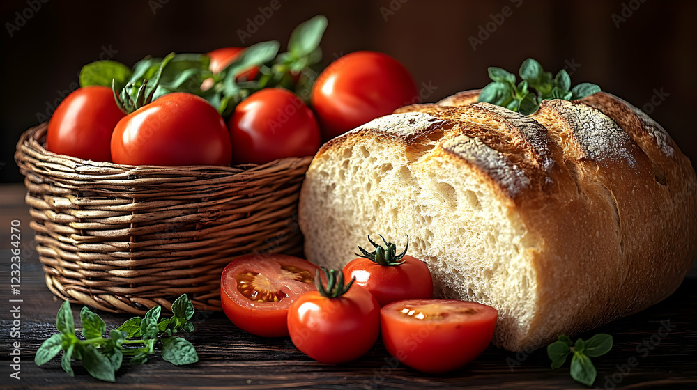 Ripe Red Tomatoes and Crusty Bread Still Life