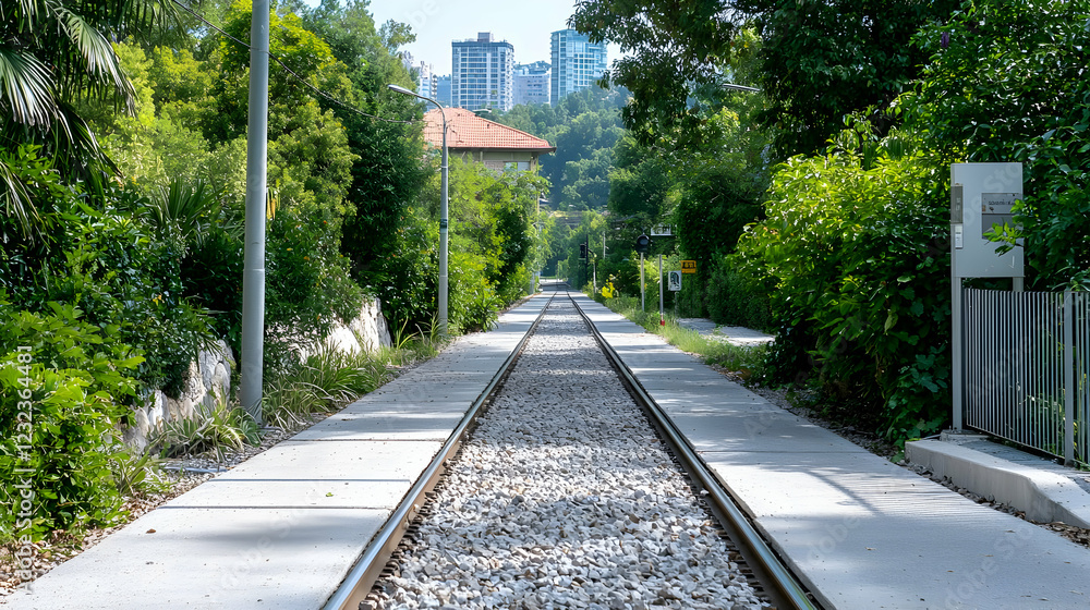 Fototapeta premium Train tracks through urban park, city skyline view