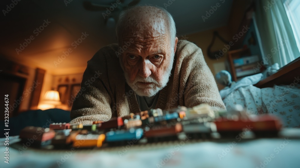 An elderly man gazes intently at his intricate model train setup, reflecting nostalgia and joy, in a warm, cozy room filled with memories and cherished hobbies. An elderly man gazes intently at his intricate model train setup, reflecting nostalgia and joy, in a warm, cozy room filled with memories and cherished hobbies.