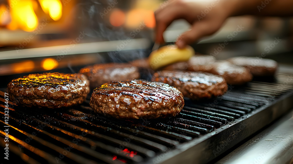 Juicy Burger Patties Grill on Hot Grate with Flames in Background during Preparation. Juicy Burger Patties Grill on Hot Grate with Flames in Background during Preparation.