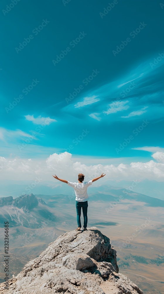 A person in a white shirt standing on a mountain peak, arms outstretched toward the vast blue sky
