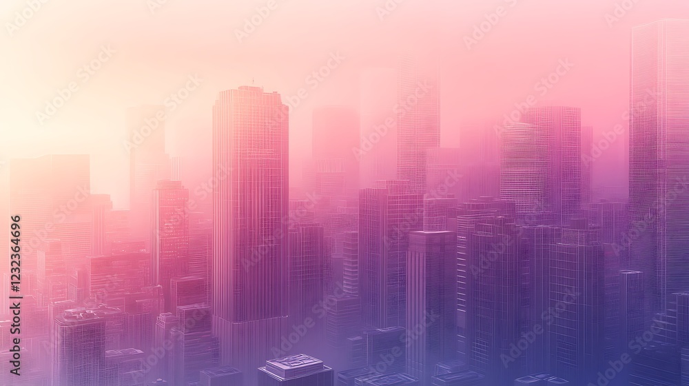 Misty city skyline at sunrise, showcasing modern architecture and urban development. Misty city skyline at sunrise, showcasing modern architecture and urban development.