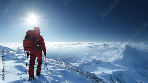 Hiker stands on snowy mount...