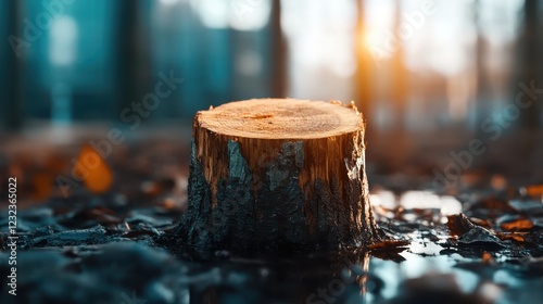A rustic wooden stump amidst a blanket of autumn leaves, capturing the beauty of nature's cycle and the vibrant colors of the fall season.