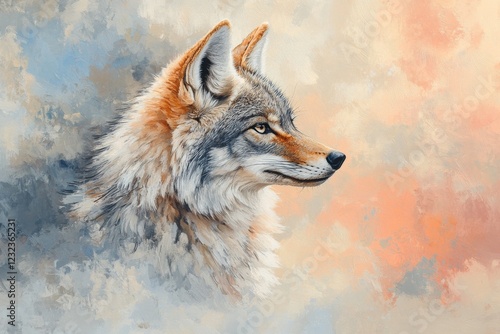 Coyote with expressive gaze against an artistic background of soft colors and textures in a serene natural setting photo