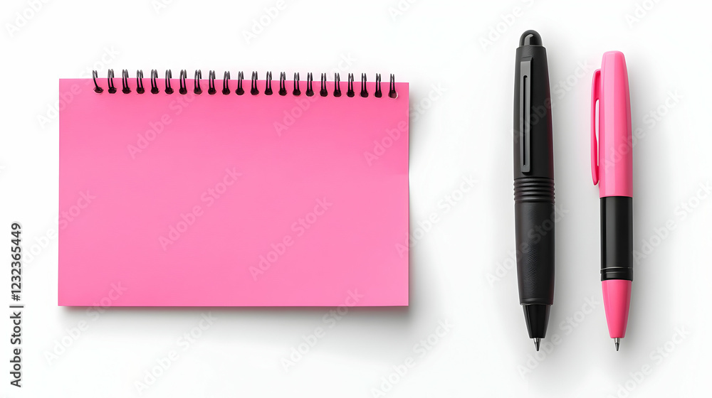 Pink Notepad and Two Pens on White Background for Note-Taking and Writing Pink Notepad and Two Pens on White Background for Note-Taking and Writing