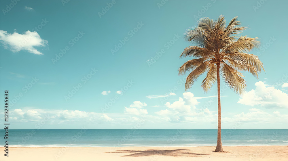 Serene Beach with Palm Tree under Clear Sky in Retro Style with Teal and Beige Tones Serene Beach with Palm Tree under Clear Sky in Retro Style with Teal and Beige Tones