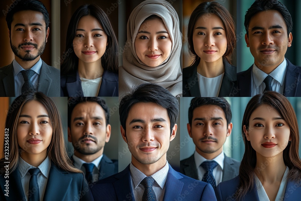 Professional group portrait featuring diverse individuals in business attire at a modern office setting Professional group portrait featuring diverse individuals in business attire at a modern office setting
