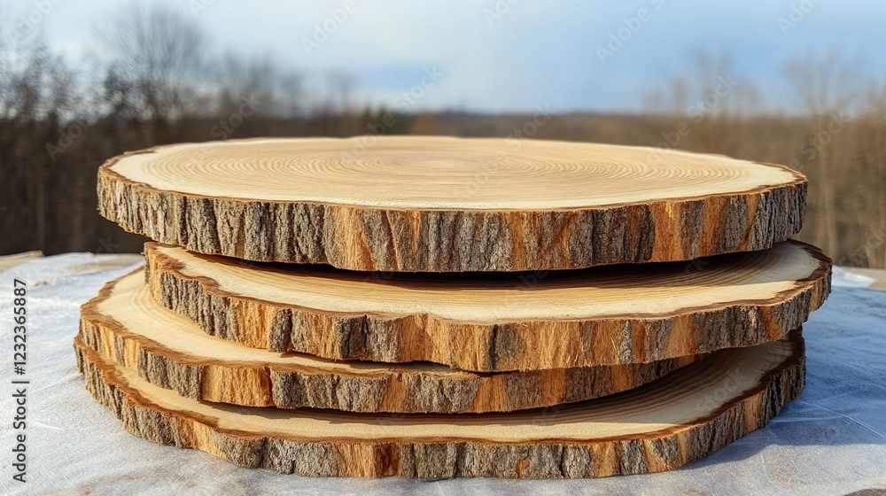 Stacked Wooden Tree Slices Rustic Display