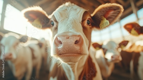 A single calf gazes directly at the camera, illuminated by warm sunlight filtering through a barn, emphasizing its soft features and bright demeanor in a tranquil setting. photo