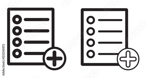 Add list line icon, outline and filled on white background. Document with plus symbol. Vector illustration.