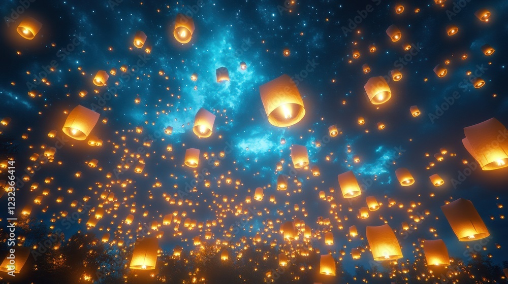 Obraz premium Numerous glowing sky lanterns ascend into a night sky