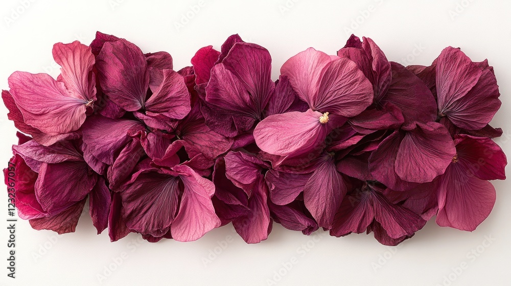 Dried hydrangea petals arranged banner, white background, floral design Dried hydrangea petals arranged banner, white background, floral design