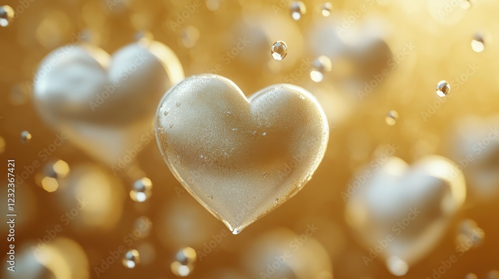 Fototapeta premium Golden Heart Balloons Floating in Air with Sparkling Bokeh Background for Romantic and Festive Occasions