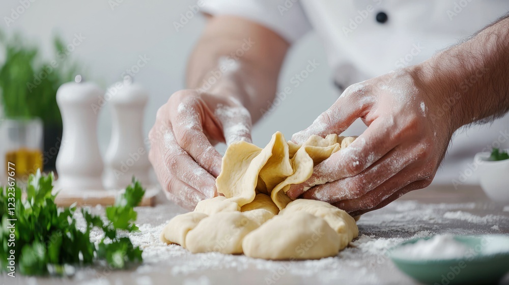 Chef's Hands Kneading and Shaping Dough for Pastry on Light Kitchen Table Chef's Hands Kneading and Shaping Dough for Pastry on Light Kitchen Table