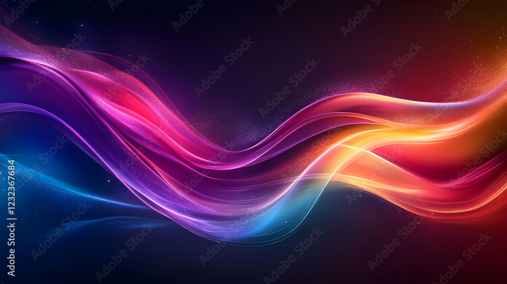 Abstract Colorful Waves Flowing Smoothly Across a Dark Background with Sparkling Particles Abstract Colorful Waves Flowing Smoothly Across a Dark Background with Sparkling Particles