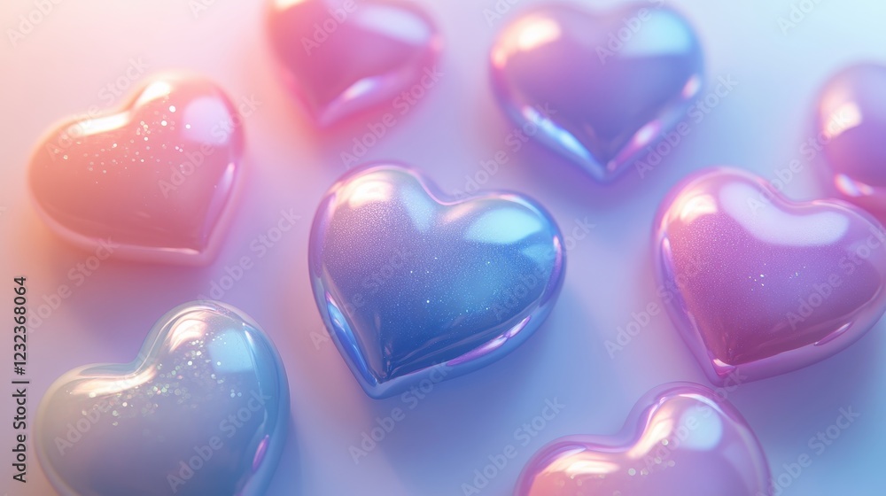 Colorful Pastel Heart-Shaped Objects with Glittering Surface on Soft Gradient Background Colorful Pastel Heart-Shaped Objects with Glittering Surface on Soft Gradient Background