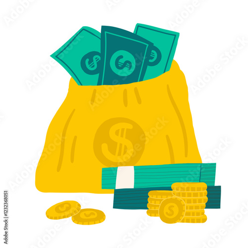 Money, finance, payment sign, icon, composition. Cute doodle market, earning, deposit, currency, payment illustration with pile, stack of American dollars, money bag. Financial business background