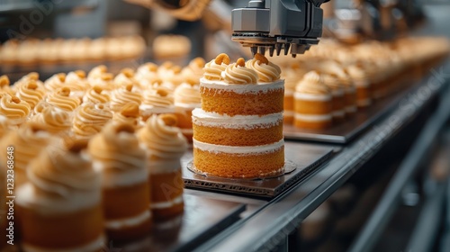 A robotic arm is placing a dollop of frosting on a cake in a bakery.