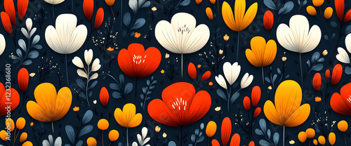 Seamless Pixel Floral Pattern with Red Orange and White Flowers on Dark Blue Background