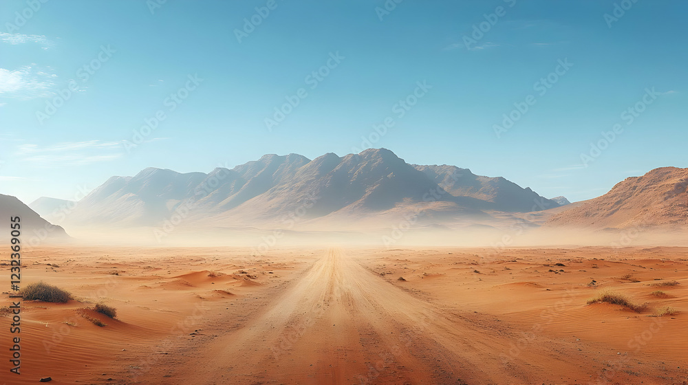 Fototapeta premium Desert Road Leads to Distant Mountains Under a Vast Blue Sky with Light Sandstorm Haze