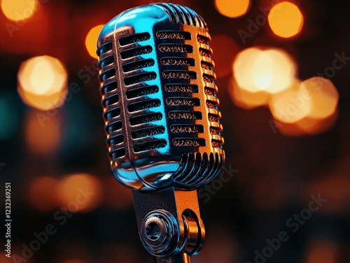 Microphone on a stand with a blurred background showcasing a recording studio environment