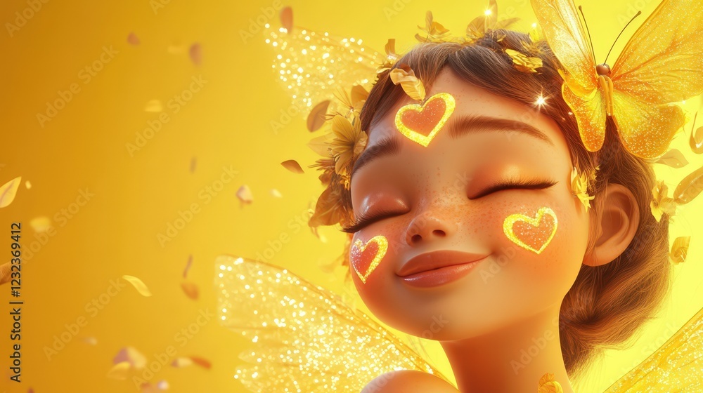 Fototapeta premium Golden Fairy With Heart Details And Yellow Wings