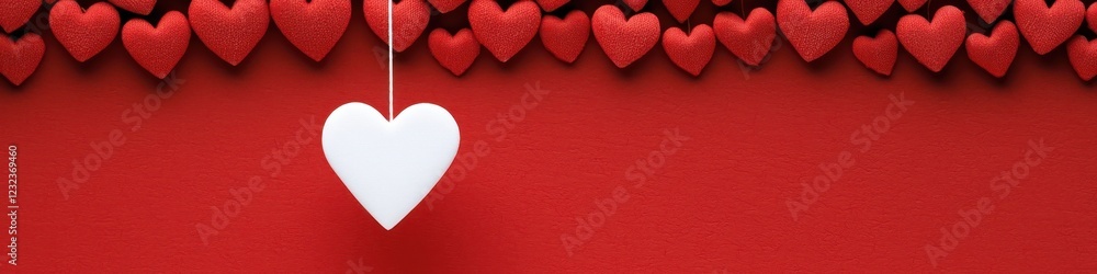 A single white tiny heart hanging delicately against a backdrop filled with many red hearts, creating a minimalist yet striking contrast on a red background. A single white tiny heart hanging delicately against a backdrop filled with many red hearts, creating a minimalist yet striking contrast on a red background.