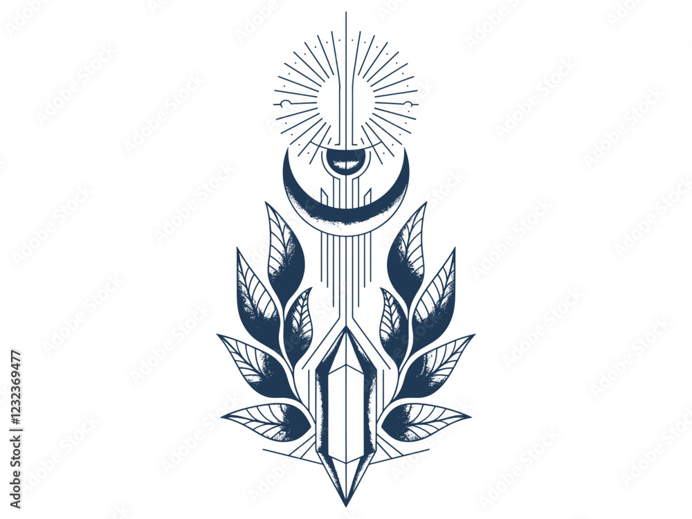 vertical alignment of Line art Crystal, crescent Moon and cosmic elements With Leaves . Silhouette Sketch. vertical alignment of Line art Crystal, crescent Moon and cosmic elements With Leaves . Silhouette Sketch.