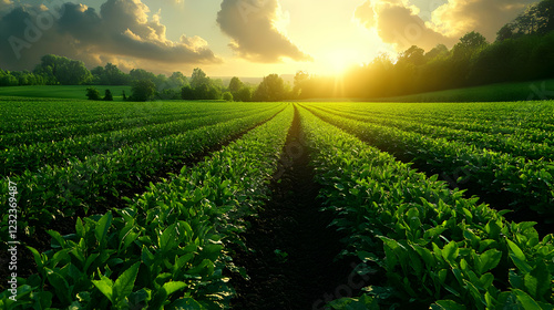 Green crops grow in neat ro...