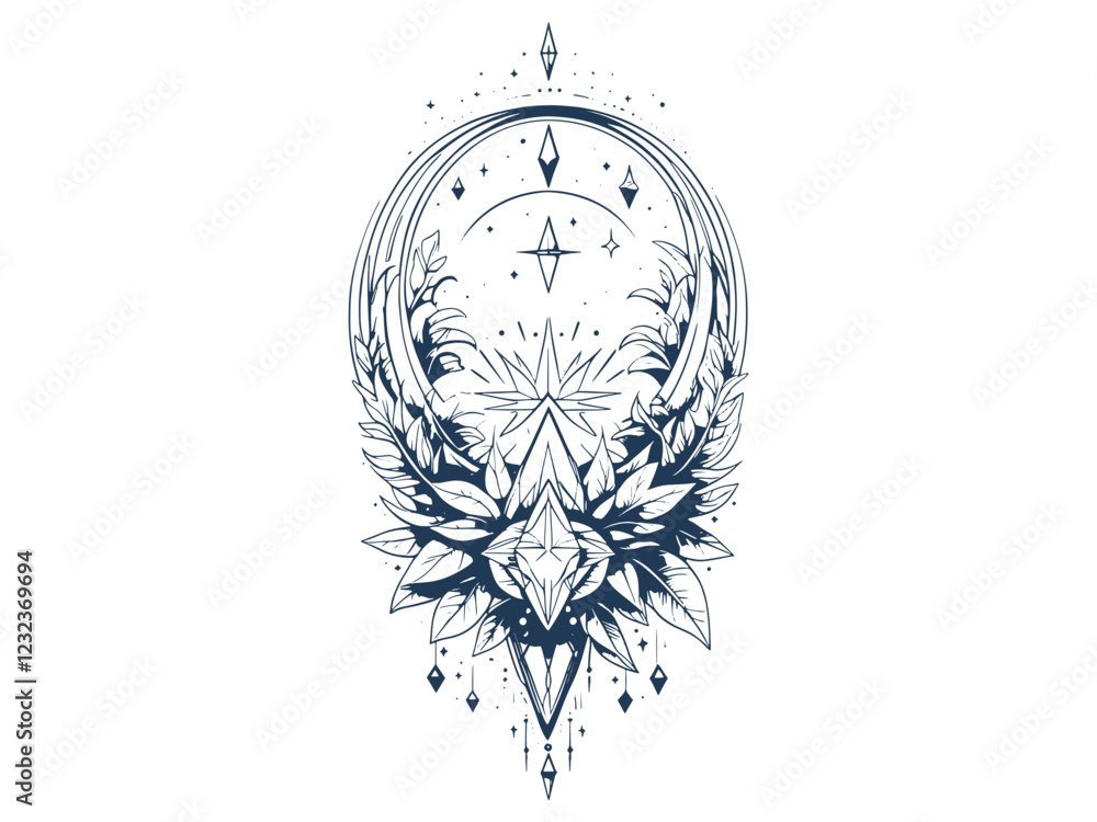 Obraz premium vertical alignment of Line art Crystal, crescent Moon and cosmic elements With Leaves . Silhouette Sketch.