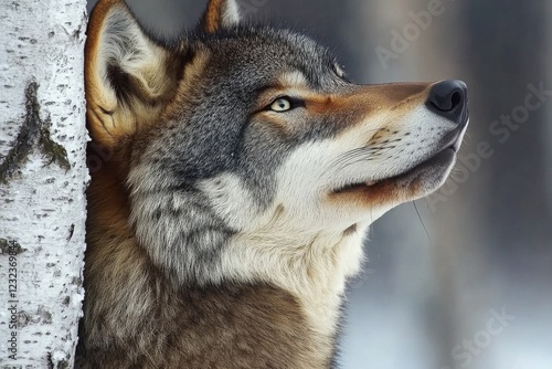 Majestic wolf resting in winter forest, showcasing its keen eyes and thick fur against the snowy backdrop photo