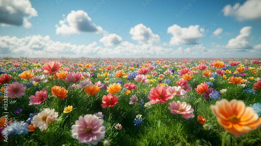 Vibrant Flower Field Under Sunny Sky Vibrant Flower Field Under Sunny Sky