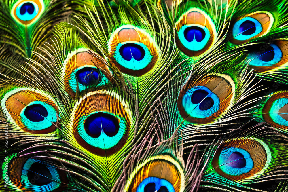 Obraz premium Texture of a peacock feather from the tail of an exotic bird. The background is a close-up of a multicolored iridescent eye of a feather animal.