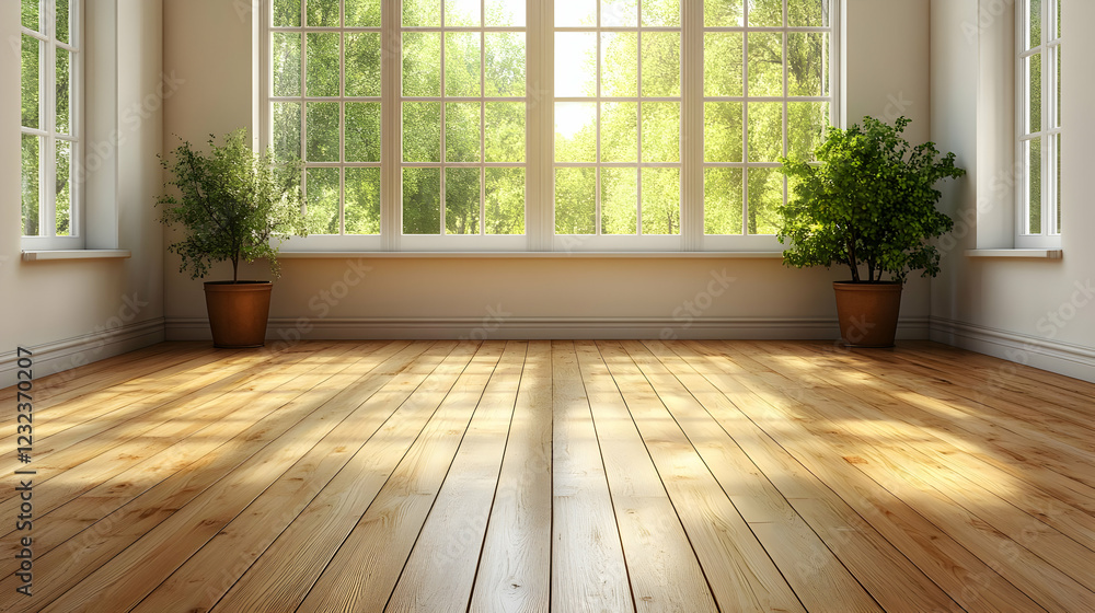 Obraz premium Empty Room with Wooden Floor and Plants Illuminates with Sunlight through Big Window