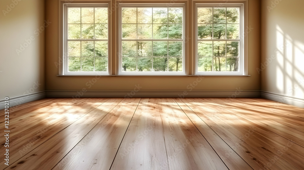 Empty Room with Hardwood Floor and Large Windows with a View of Trees Outside