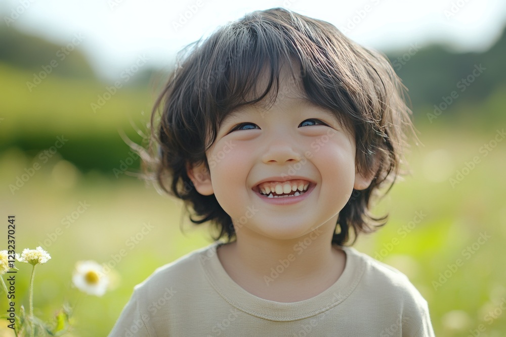 Young child with joyful smile in a sunny field surrounded by flowers on a bright day in spring Young child with joyful smile in a sunny field surrounded by flowers on a bright day in spring