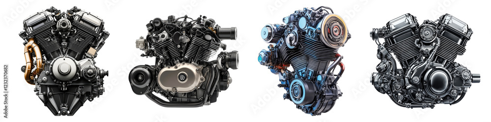 High performance motorbike engine isolated on transparent background, PNG, Set of High performance motorbike engine isolated on transparent background, PNG, Set of