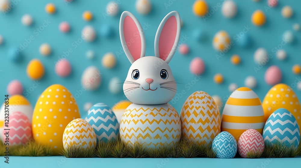 Easter Bunny with Decorated Eggs: A cheerful Easter bunny with pink ears peeks out from behind a cluster of colorful, decorated eggs. Perfect for Easter greetings, spring celebrations. Easter Bunny with Decorated Eggs: A cheerful Easter bunny with pink ears peeks out from behind a cluster of colorful, decorated eggs. Perfect for Easter greetings, spring celebrations.