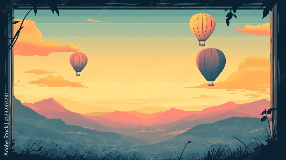 Fototapeta premium Vivid Air Balloons Soaring in Clear Summer Sky - Modern Illustration