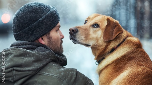 A heartfelt scene capturing a man and his loyal dog sitting together in a snowy landscape, illustrating companionship and warmth amidst a serene winter setting. photo