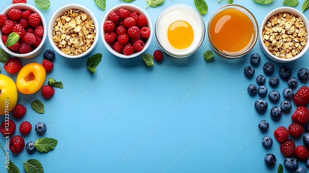 Healthy Breakfast Ingredients Arranged on a Vibrant Blue Surface with Copyspace for Text or Design Healthy Breakfast Ingredients Arranged on a Vibrant Blue Surface with Copyspace for Text or Design